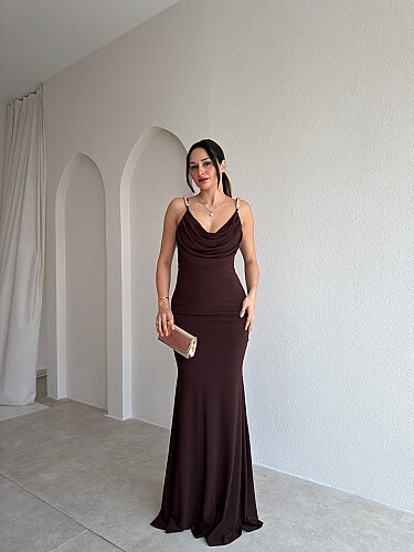 ROYCE Drapeli Maxi Elbise 4059 - Acı Kahve - Mooi Butik