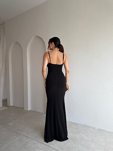  ROYCE Drapeli Maxi Elbise 4059 - Siyah - 3
