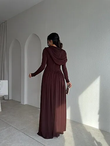RUFFLE Taş Detaylı Maxi Elbise 4375 - Acı Kahve - 3