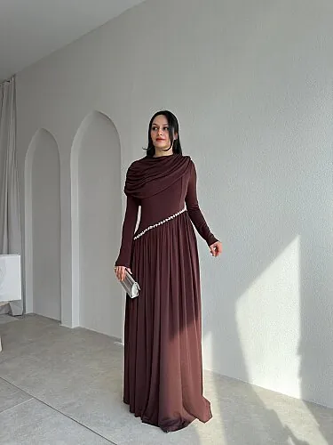 RUFFLE Taş Detaylı Maxi Elbise 4375 - Acı Kahve - Mooi Butik