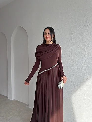 RUFFLE Taş Detaylı Maxi Elbise 4375 - Acı Kahve - 2