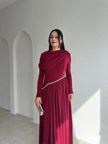 RUFFLE Taş Detaylı Maxi Elbise 4375 - Bordo - 2