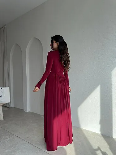 RUFFLE Taş Detaylı Maxi Elbise 4375 - Bordo - 3