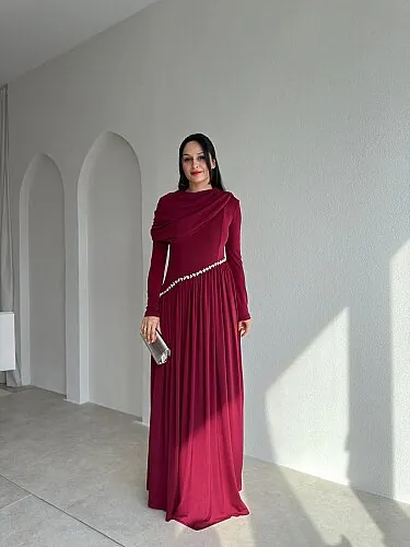 RUFFLE Taş Detaylı Maxi Elbise 4375 - Bordo - Mooi Butik