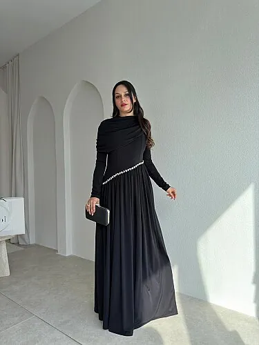 RUFFLE Taş Detaylı Maxi Elbise 4375 - Siyah - 1