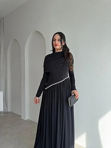 RUFFLE Taş Detaylı Maxi Elbise 4375 - Siyah - 2