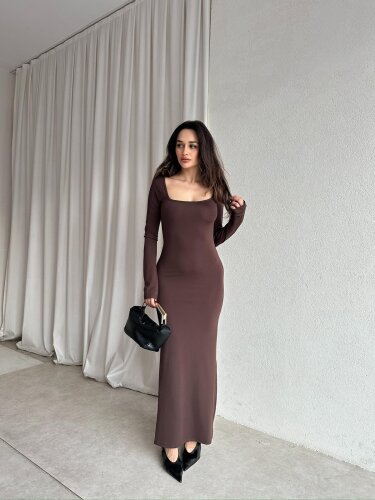 SANGRİA Maxi Kare Yaka Elbise 8261 - Acı Kahve - 3