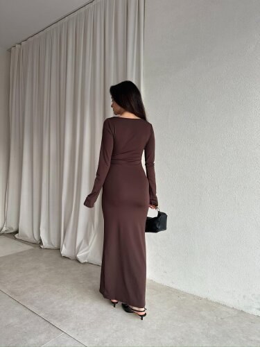 SANGRİA Maxi Kare Yaka Elbise 8261 - Acı Kahve - 4