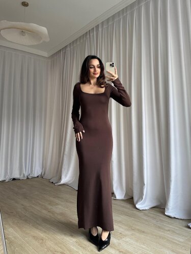 SANGRİA Maxi Kare Yaka Elbise 8261 - Acı Kahve - 2