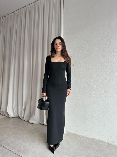 SANGRİA Maxi Kare Yaka Elbise 8261 - Siyah - 3