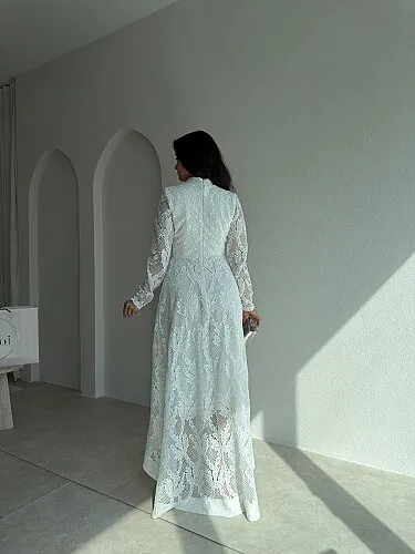 SAVERA Dantelli Midi Elbise 4363 - Beyaz - 3