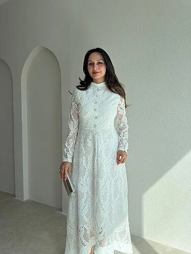 SAVERA Dantelli Midi Elbise 4363 - Beyaz - 2
