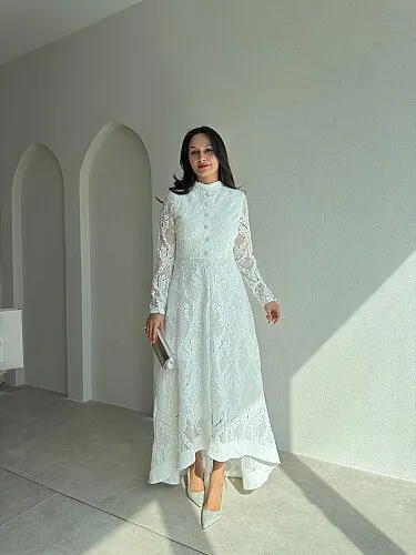 SAVERA Dantelli Midi Elbise 4363 - Beyaz - Mooi Butik