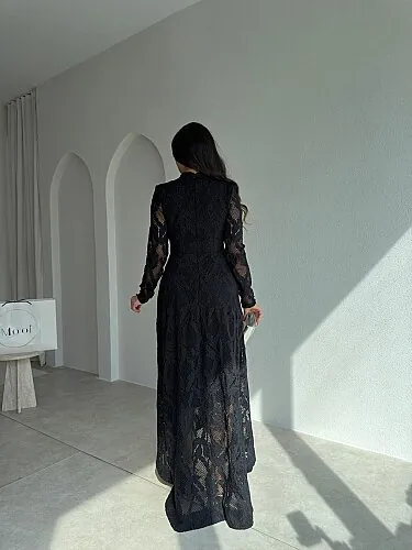 SAVERA Dantelli Midi Elbise 4363 - Siyah - 3
