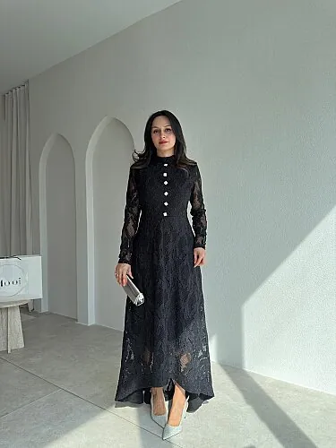 SAVERA Dantelli Midi Elbise 4363 - Siyah - Mooi Butik