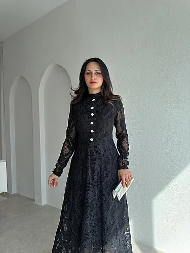 SAVERA Dantelli Midi Elbise 4363 - Siyah - 2
