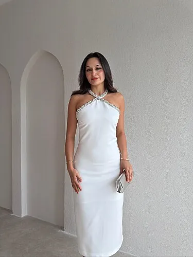 SELES Taş Detaylı Midi Elbise 4141 - Beyaz - 2