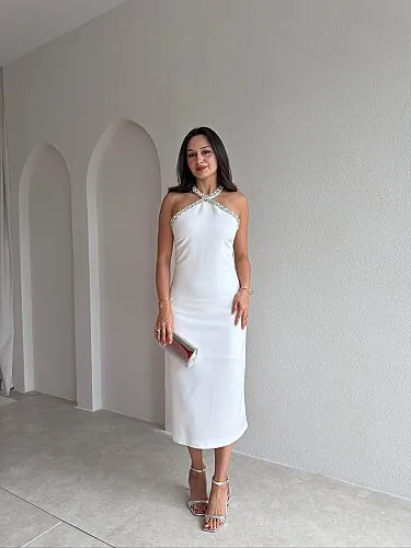  SELES Taş Detaylı Midi Elbise 4141 - Beyaz - Mooi Butik