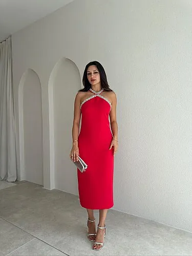 SELES Taş Detaylı Midi Elbise 4141 - Kırmızı - Mooi Butik