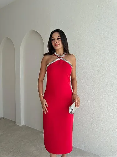 SELES Taş Detaylı Midi Elbise 4141 - Kırmızı - 2