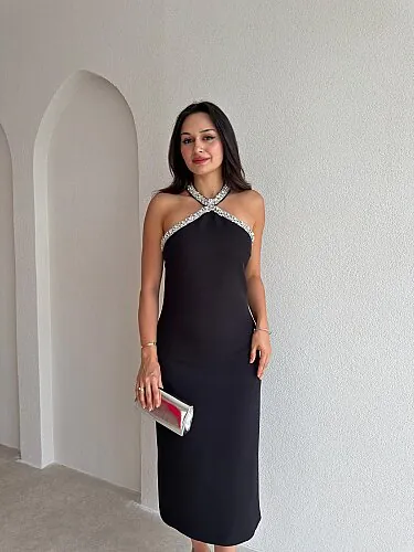 SELES Taş Detaylı Midi Elbise 4141 - Siyah - 2