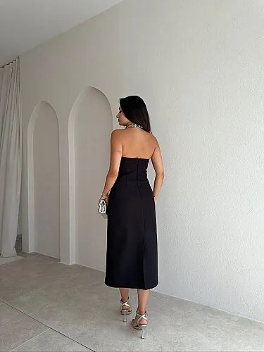 SELES Taş Detaylı Midi Elbise 4141 - Siyah - 3