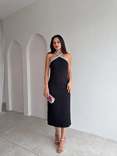 SELES Taş Detaylı Midi Elbise 4141 - Siyah - Mooi Butik