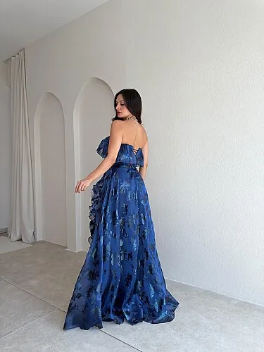  SELEZZA Desenli Maxi Elbise 4048 - Lacivert - 3