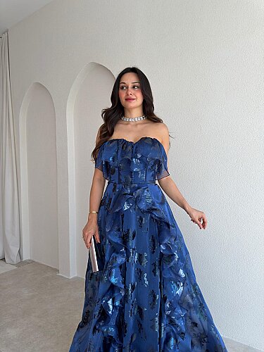  SELEZZA Desenli Maxi Elbise 4048 - Lacivert - 2