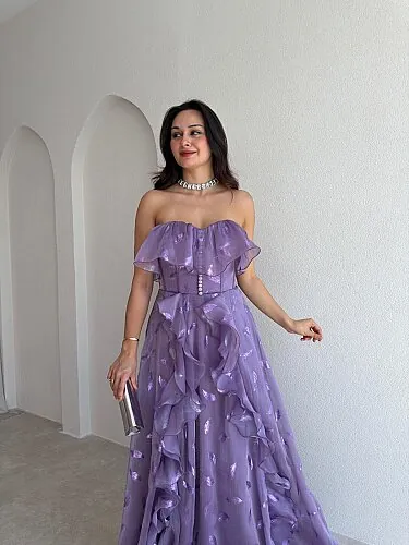 SELEZZA Desenli Maxi Elbise 4048 - Lila - 2