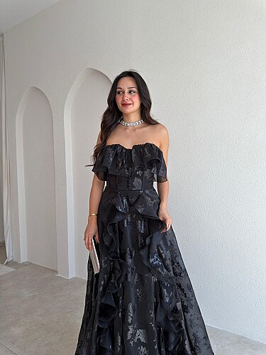 SELEZZA Desenli Maxi Elbise 4048 - Siyah - 2