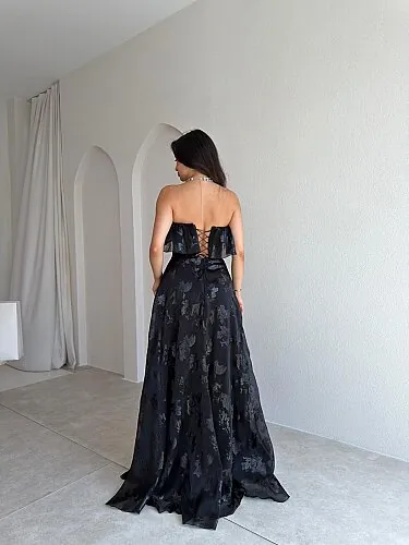 SELEZZA Desenli Maxi Elbise 4048 - Siyah - 3
