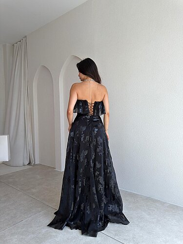 SELEZZA Desenli Maxi Elbise 4048 - Siyah - 3