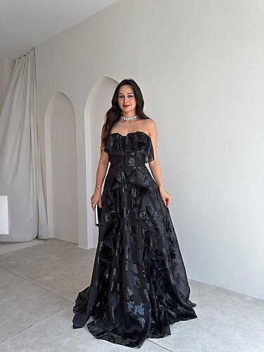 SELEZZA Desenli Maxi Elbise 4048 - Siyah - 1