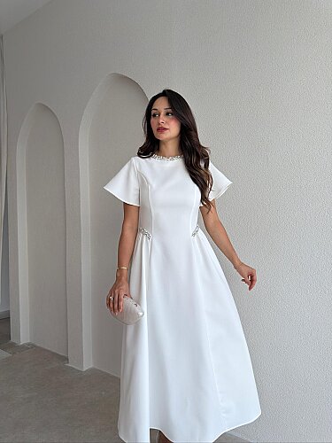 SENORİTA Taş Detaylı Midi Elbise 3769 - Beyaz - 2