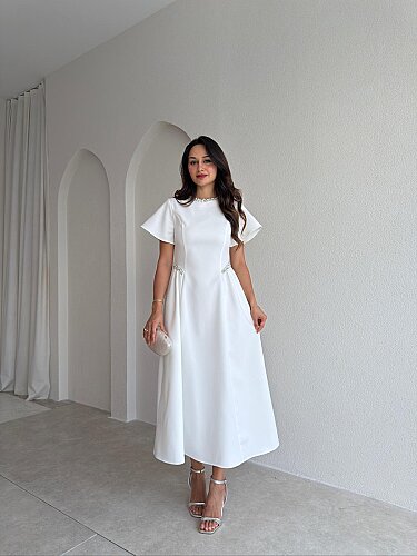 SENORİTA Taş Detaylı Midi Elbise 3769 - Beyaz 