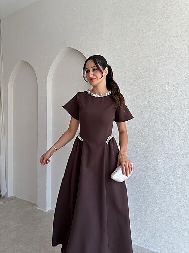 SENORİTA Taş Detaylı Midi Elbise 3769 - Acı Kahve - 2