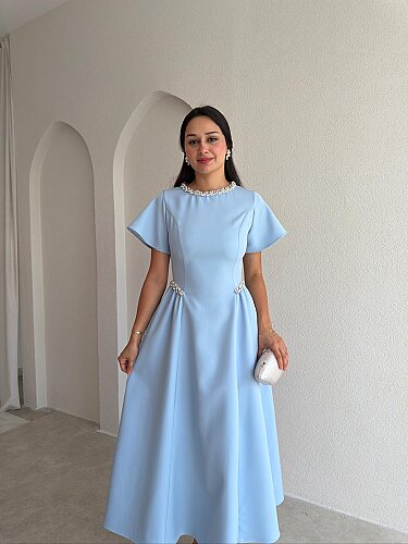 SENORİTA Taş Detaylı Midi Elbise 3769 - Bebe Mavisi - 1