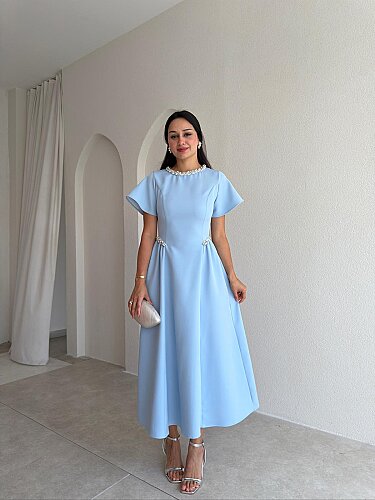 SENORİTA Taş Detaylı Midi Elbise 3769 - Bebe Mavisi - 2