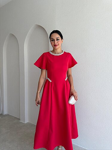 SENORİTA Taş Detaylı Midi Elbise 3769 - Kırmızı 