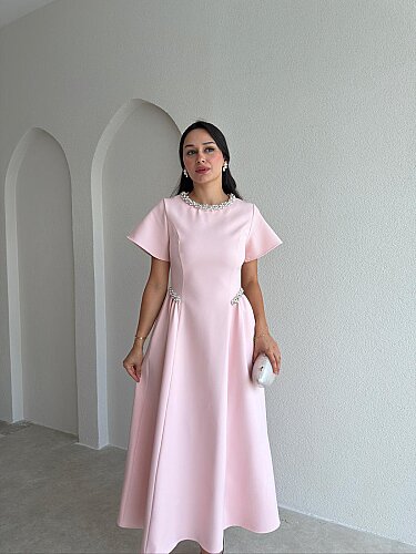 SENORİTA Taş Detaylı Midi Elbise 3769 - Pudra - 1