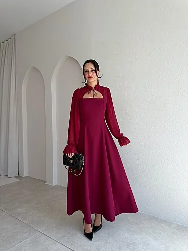 SERBİA Bağlama Detaylı Midi Elbise 4121 - Bordo - Mooi Butik