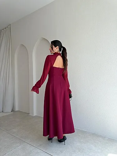 SERBİA Bağlama Detaylı Midi Elbise 4121 - Bordo - 3