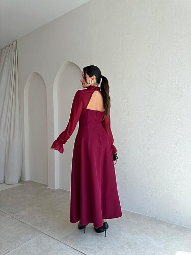 SERBİA Bağlama Detaylı Midi Elbise 4121 - Bordo - 3