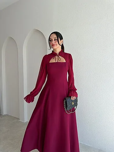 SERBİA Bağlama Detaylı Midi Elbise 4121 - Bordo - 2