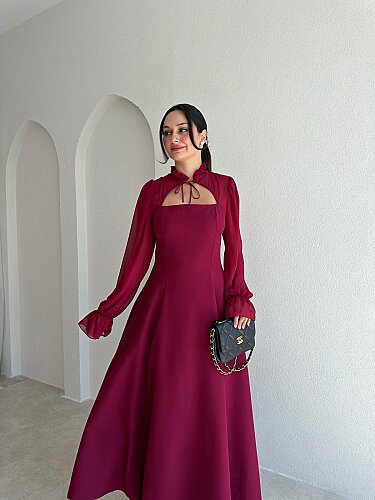 SERBİA Bağlama Detaylı Midi Elbise 4121 - Bordo - 2