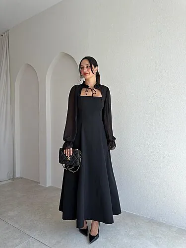  SERBİA Bağlama Detaylı Midi Elbise 4121 - Siyah - Mooi Butik