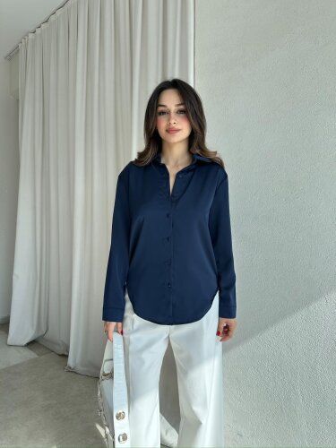 SİMPLE Saten Gömlek 8674 - Lacivert 