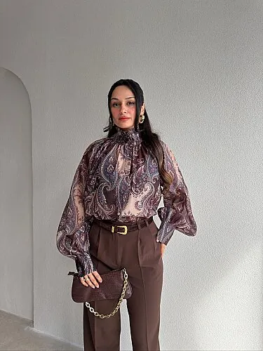 SİON Desenli Bluz 4315 - Acı Kahve - Mooi Butik