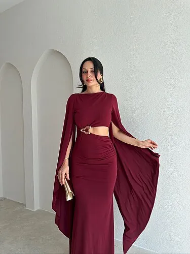 SORENTA Bel Detaylı Maxi Elbise 4019 - Bordo - 2